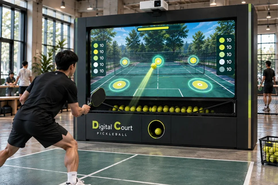 球友使用 DC Pickleball 匹克球互動訓練機擊球
